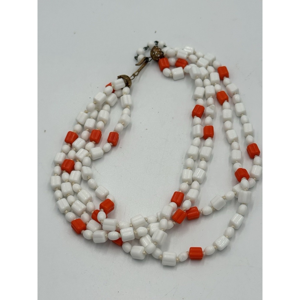 Vintage White & Orange Glass Beaded Layered necklace - Picture 2 of 3